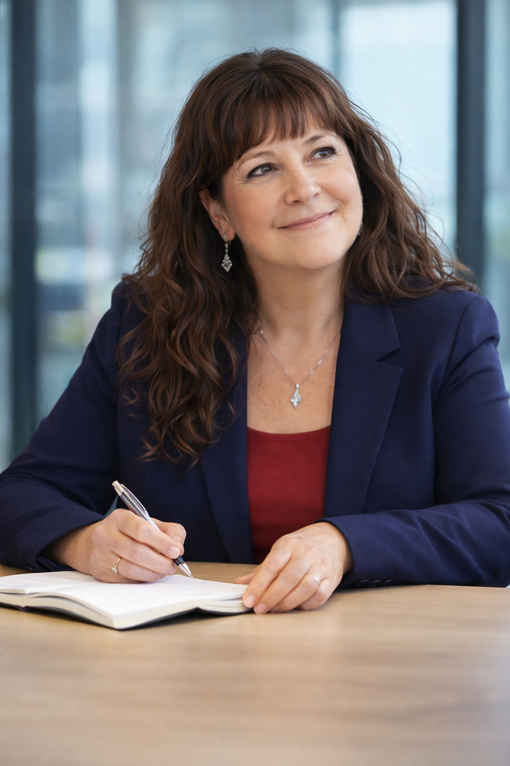 Adrienne Barker, MAS, seated at a desk writing in a notebook